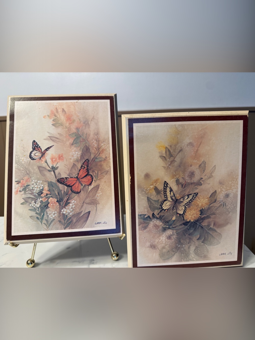 Vintage 1983 Lena Liu Butterfly & Wildflowers Framed Art Prints - Set of 2